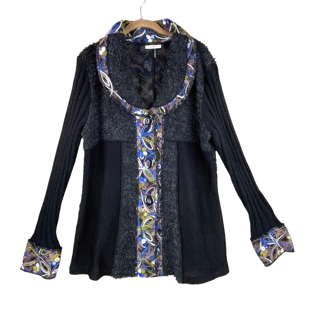 Sioni Art To Wear Tunic Top Size L Black Mixed Media Boho Artsy Textural